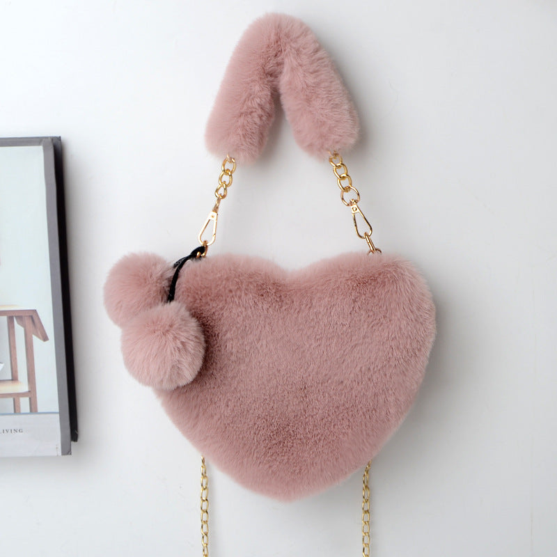 Dames Plush Handtas Hartvorm Met Ketting Detail