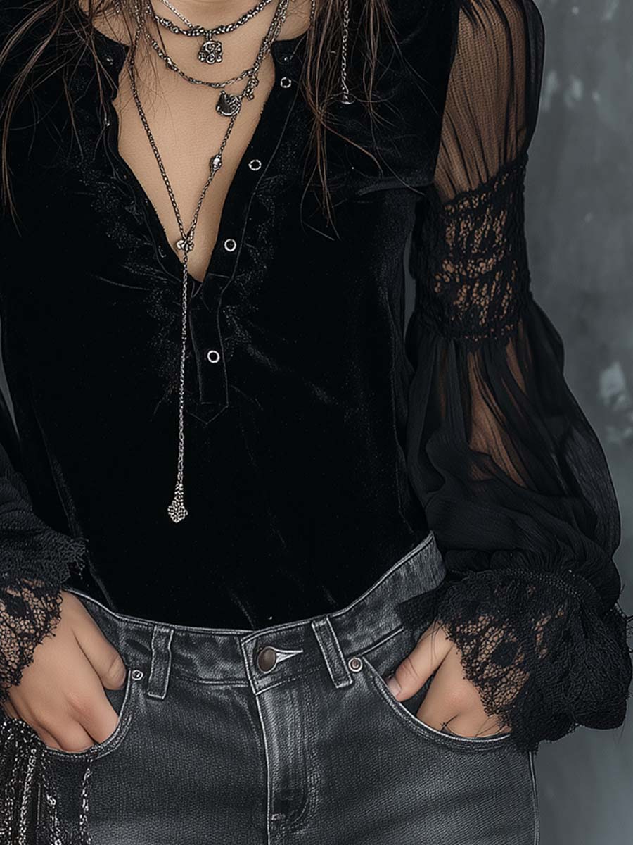 Veloura – Dames Fluwelen Blouse met Henley Hals, Kant en Transparante Mouwen