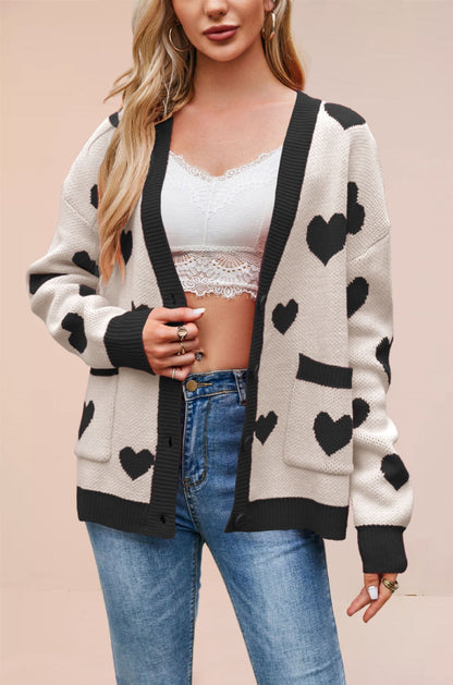 Dames Gebreide Vest met Hartjes en Contrasterend Detail