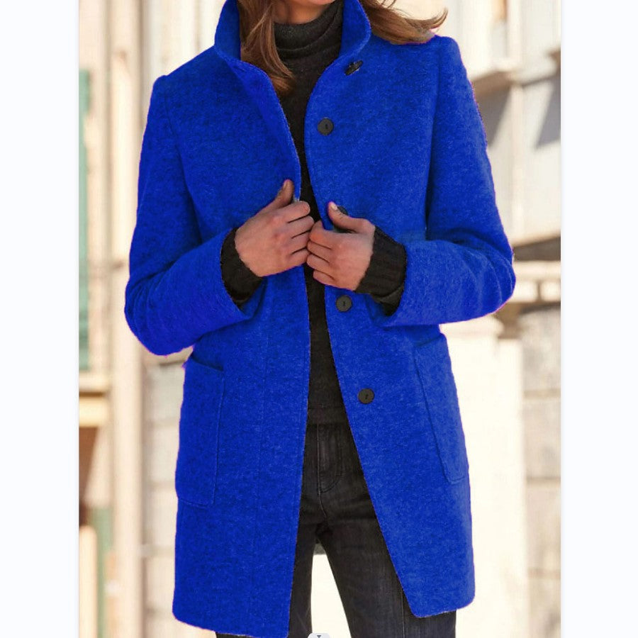 Dames Wollen Jas Elegante Opstaande Kraag Met Knopen