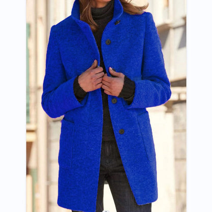 Dames Wollen Jas Elegante Opstaande Kraag Met Knopen