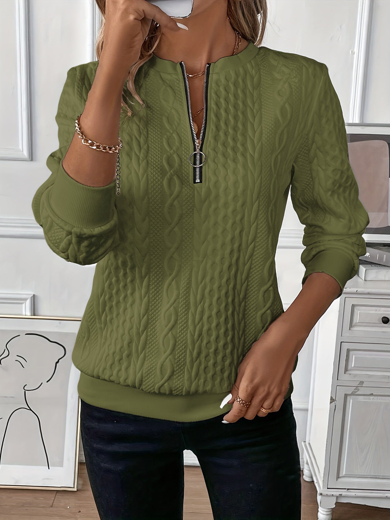 Dames Sweater Top met Rits en Kabel Patroon