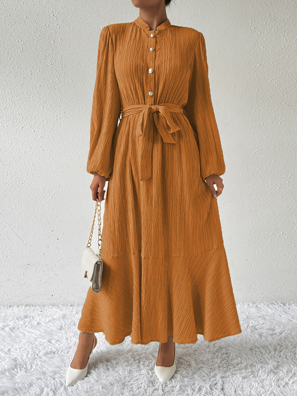 Vrouwelijke Jurk met Lange Mouwen en Taille Accent