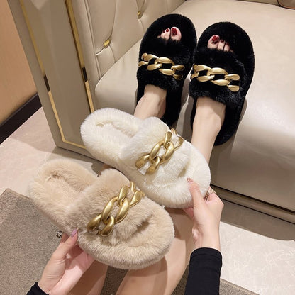 Dames Faux Fur Slippers Luxe met Ketting Detail - Mode Vibes