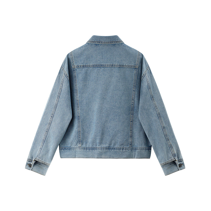 Dames Biker Jacket Kort Denim Model met Grote Kraag