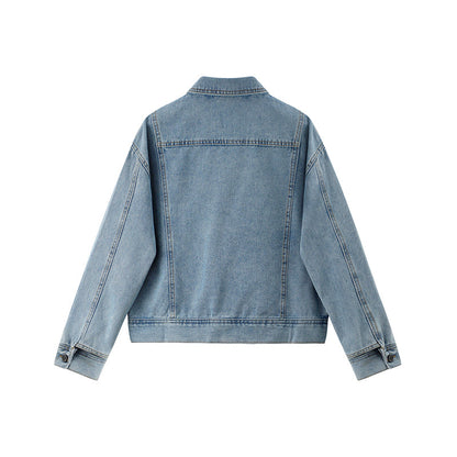Dames Biker Jacket Kort Denim Model met Grote Kraag