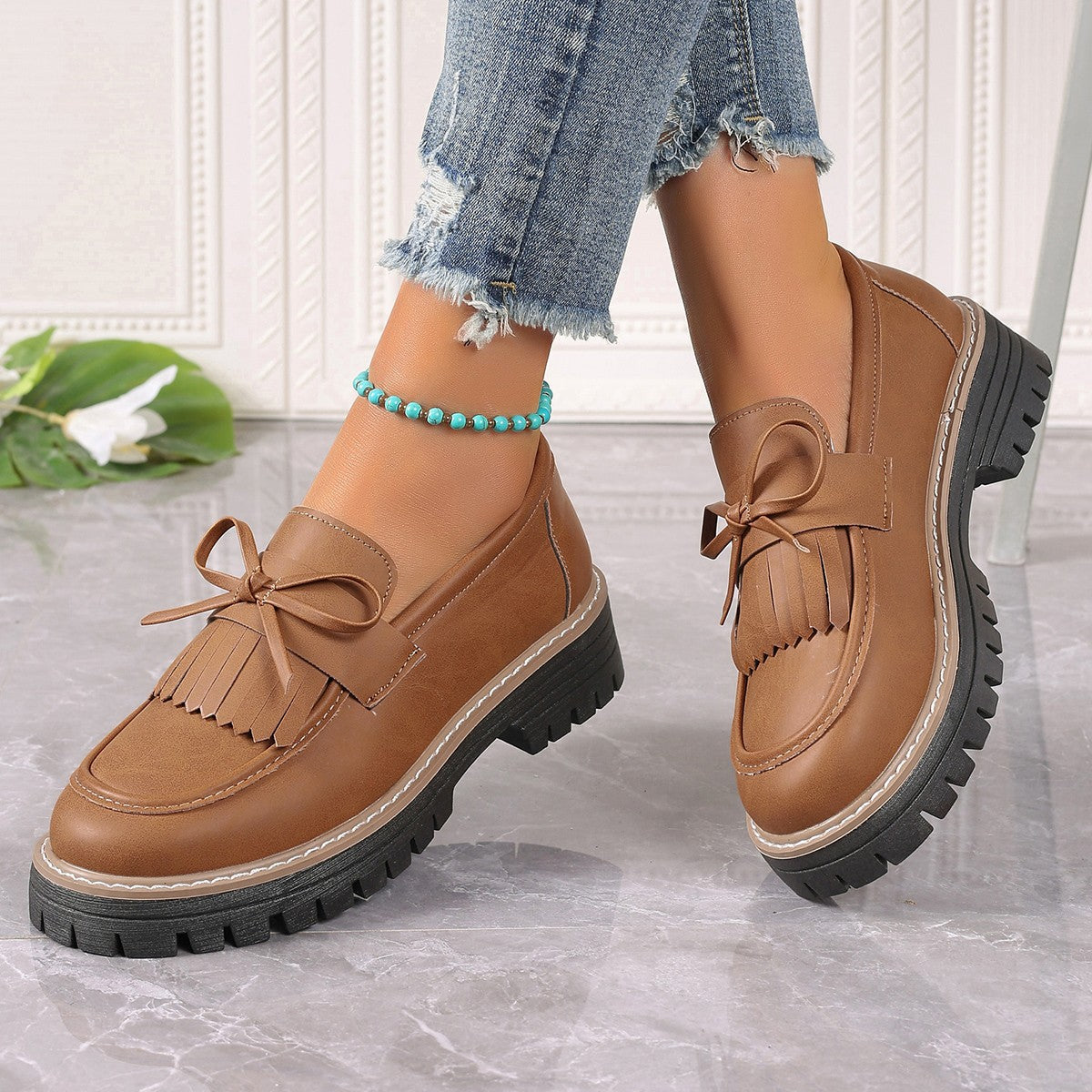 Dames Loafers met Strik en Franje Dikke Zool