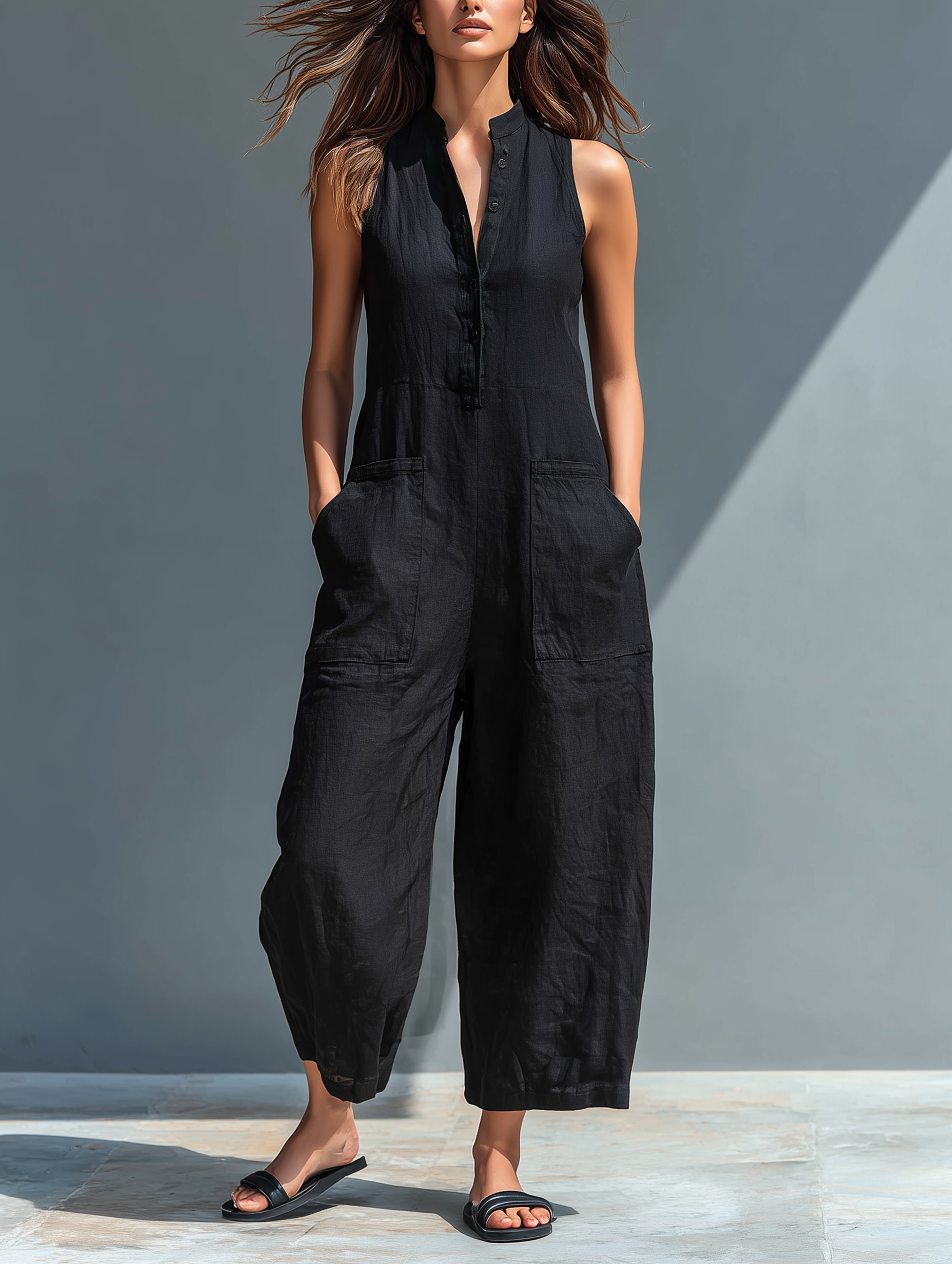 Dames Linnen Overall Mouwloos Comfortabele Pasvorm - Mode Vibes
