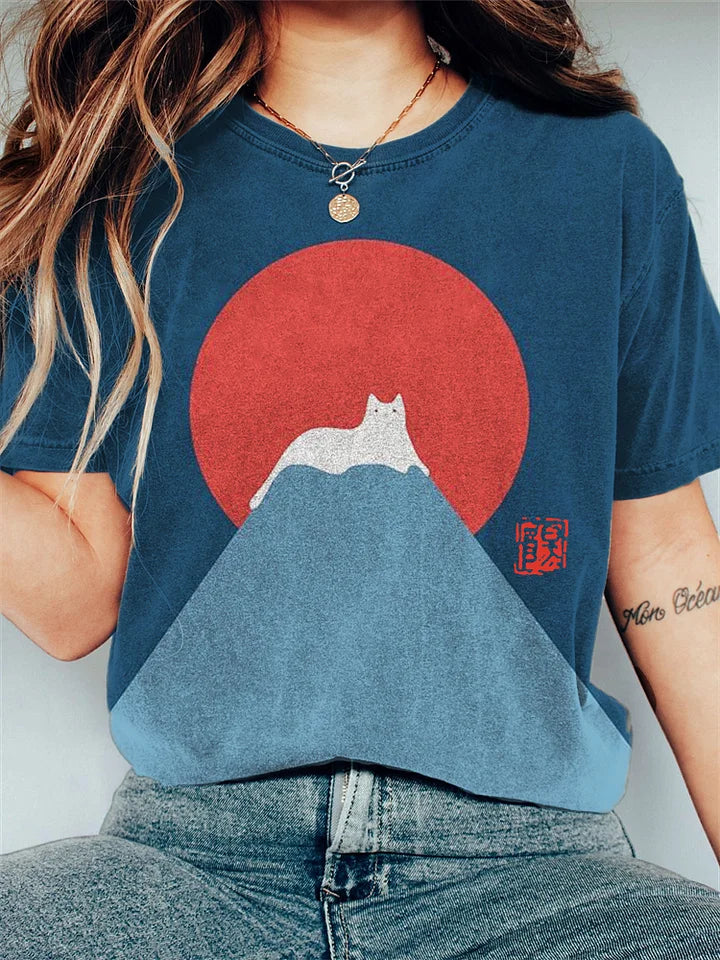 Katoenen T-shirt met Grappige Kat en Berg Print