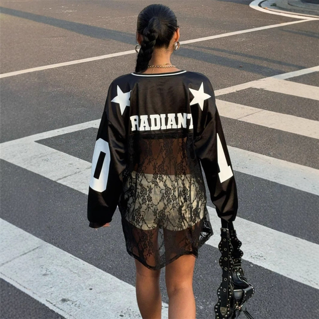 Dames Sport Top V-hals Jersey Met Kant en Sportief Print