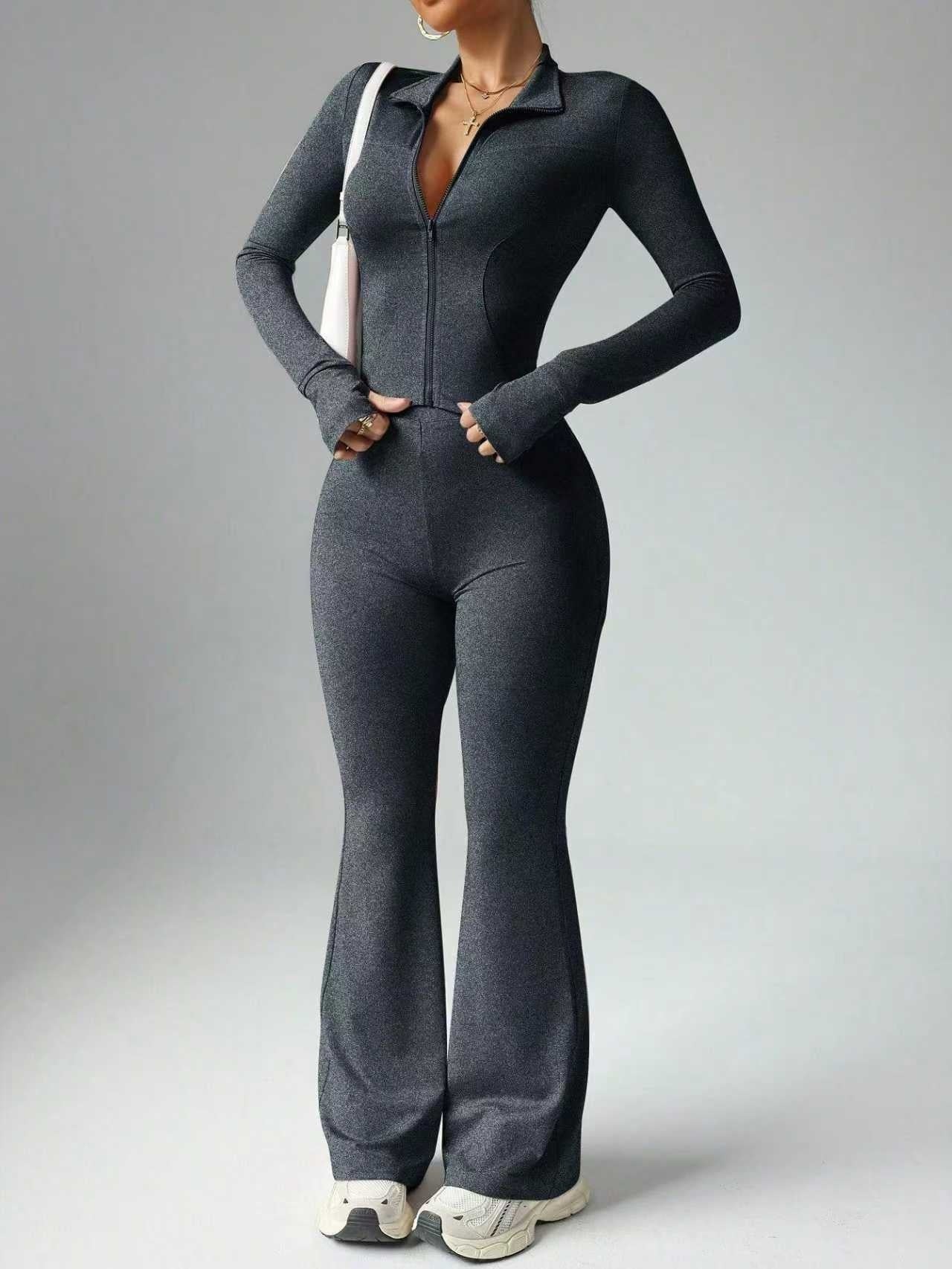 Dames Sport Outfit: Tweedelige Set met Rits Top en Wijdvallende Broek