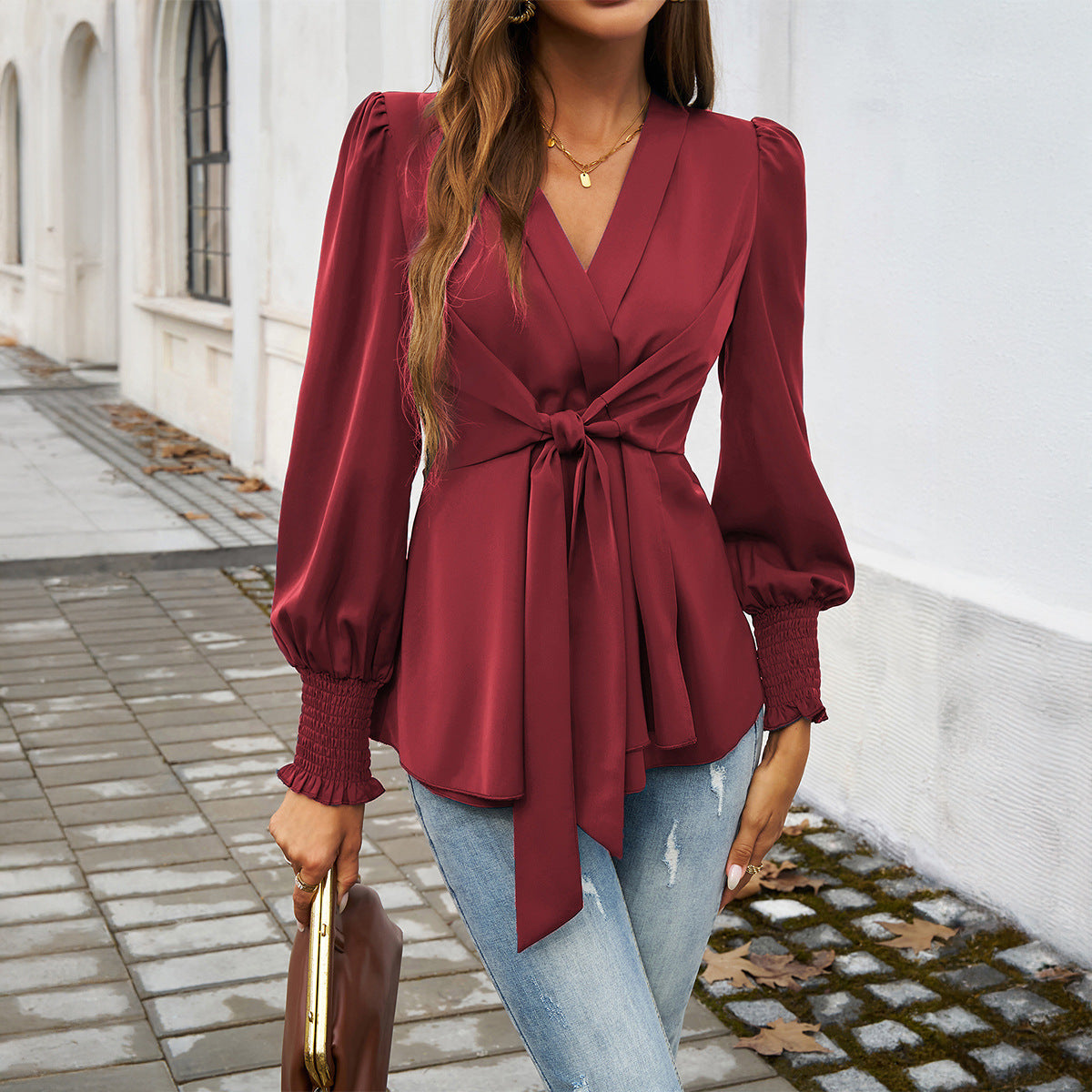 Dames Top met V-hals en Tailleband Strik Detail