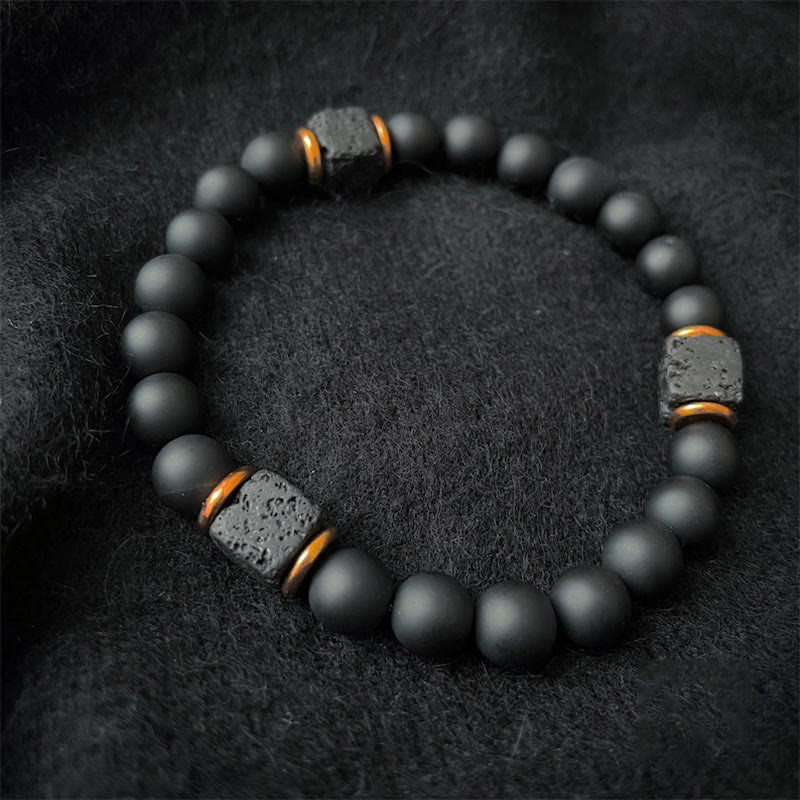 Kubus Armband met Mat Zwart Onyx en Lavasteen Edelsteen - Mode Vibes
