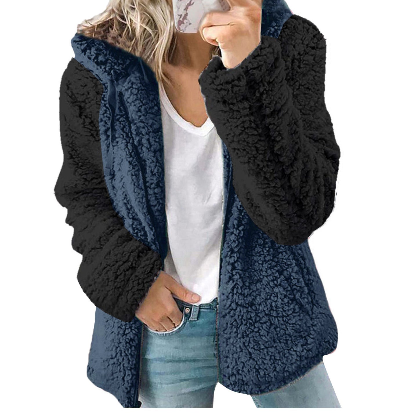 Dames Fleece Vest Zacht met Capuchon en Contrasterende Mouwen
