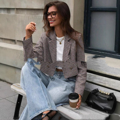 Dames Blazer Geruit Stijlvol Cropped Jas