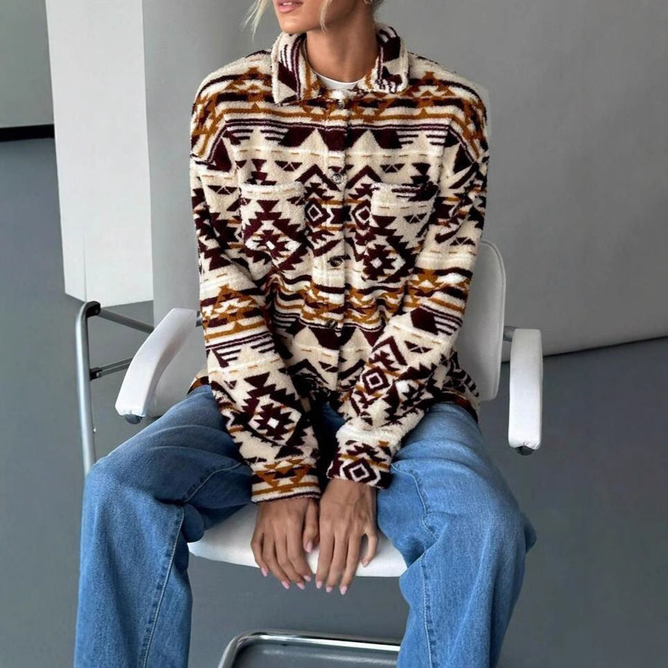 Dames Fleece Jas Etnische Print Trendy Warm