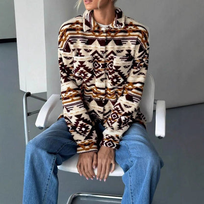 Dames Fleece Jas Etnische Print Trendy Warm