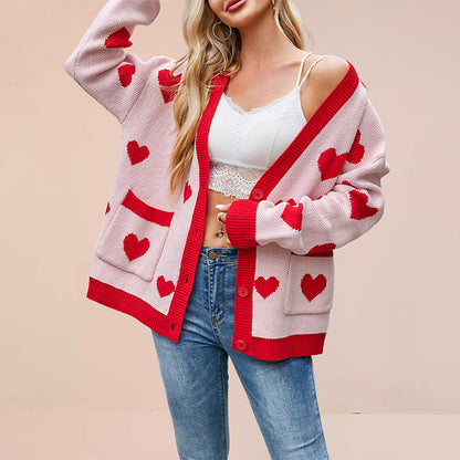 Dames Gebreide Vest met Hartjes en Contrasterend Detail