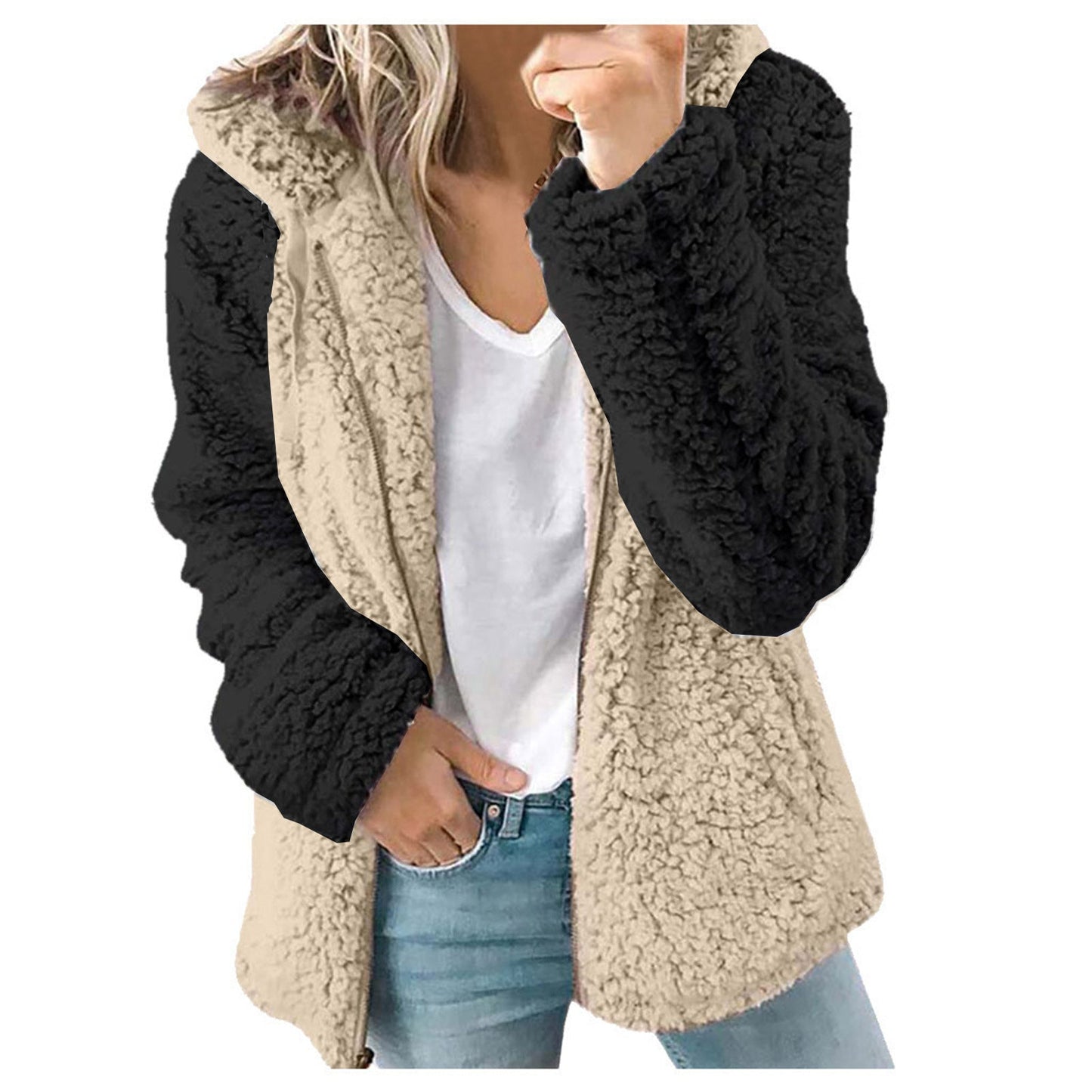 Dames Fleece Vest Zacht met Capuchon en Contrasterende Mouwen