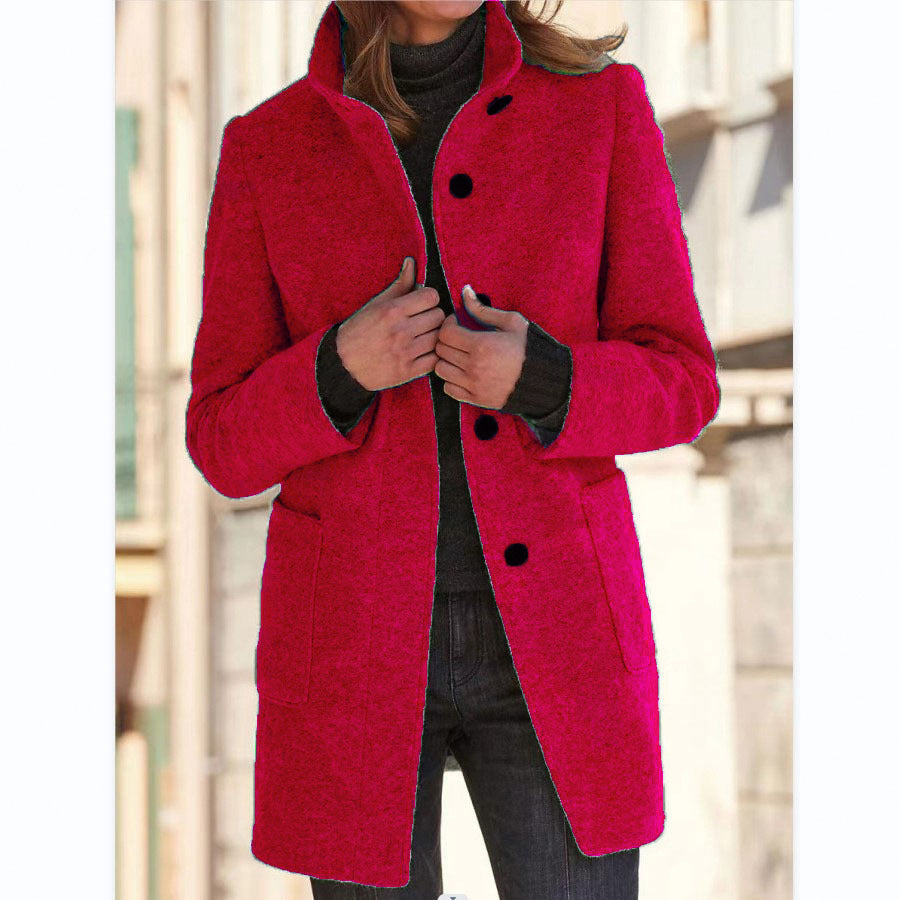 Dames Wollen Jas Elegante Opstaande Kraag Met Knopen