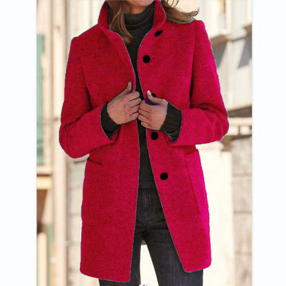 Dames Wollen Jas Elegante Opstaande Kraag Met Knopen