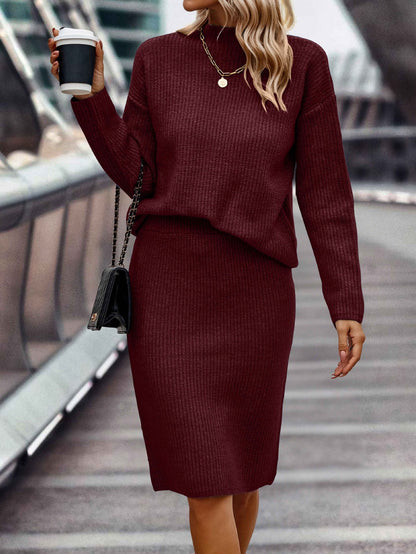 Dames Gebreide Set Rok en Trui Hoge Hals Stijlvol