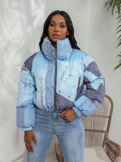 Dames Puffer Jas Warm Met Denim Print