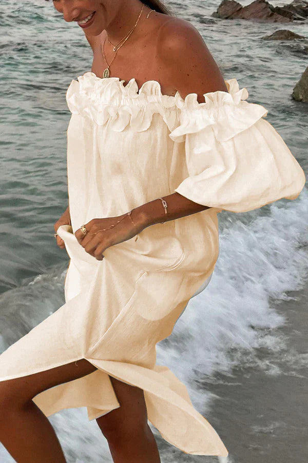 Linnen Jurk Off-the-Shoulder met Ruches Zomerjurk - Mode Vibes