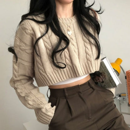 Dames Trui Cropped Kabelpatroon Ronde Hals Trendy
