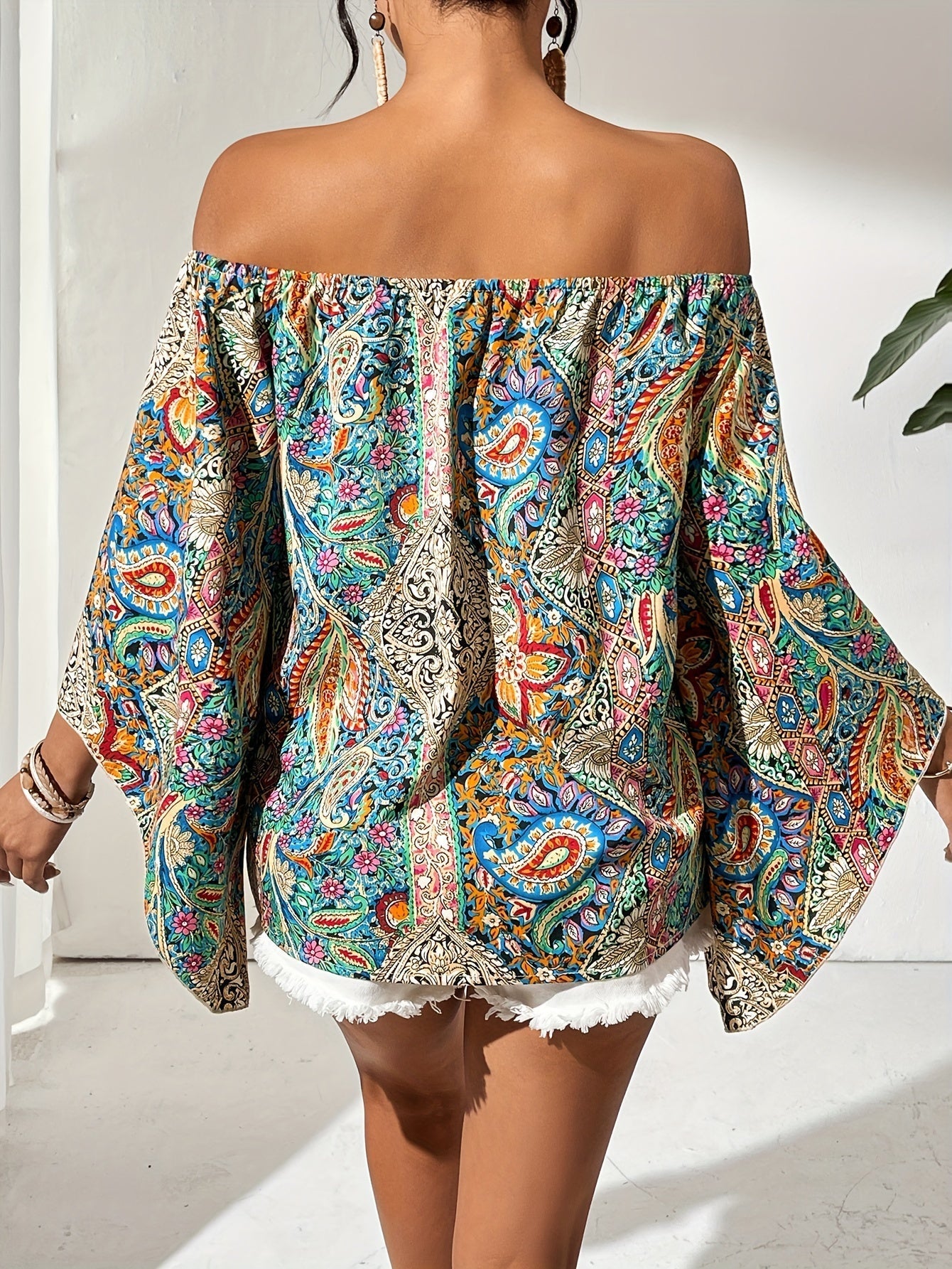 Vrouwelijke Blouse Off-Shoulder Geometrische Print
