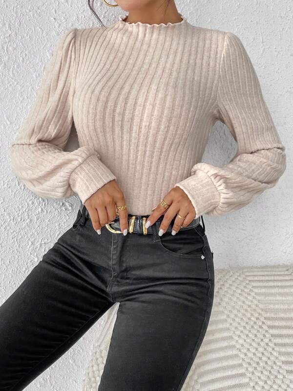 Dames Body Top met Pofmouwen en Geribde Pasvorm