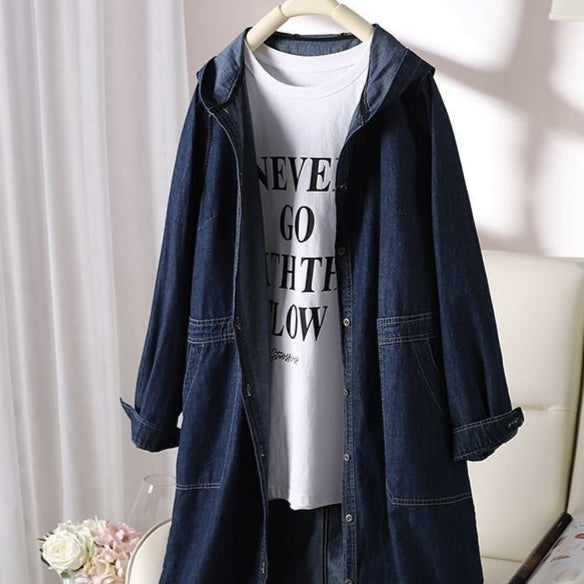 Dames Denim Jas Lange met Capuchon Stoer en Casual