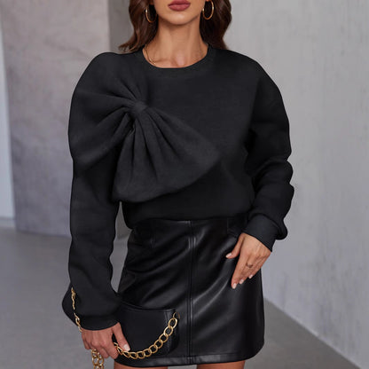 Dames Elegante Crewneck Trui met Strik Detail Zwart