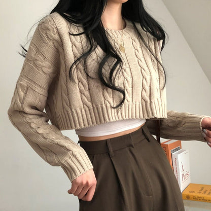 Dames Trui Cropped Kabelpatroon Ronde Hals Trendy