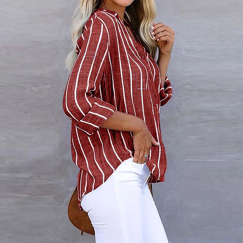 Vrouwelijke Blouse Gestreept Met Knopen Elegant - Mode Vibes