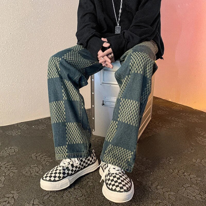 Geruite Denim Broek voor Mannen Loose Fit - Mode Vibes