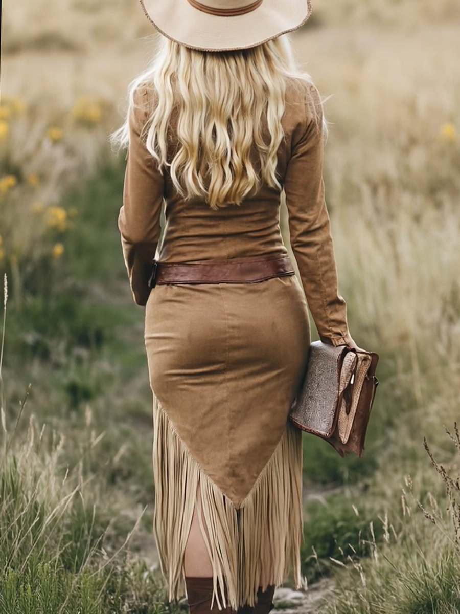 Retro Western Midi Jurk met Kraag, Rits en Kwastjes
