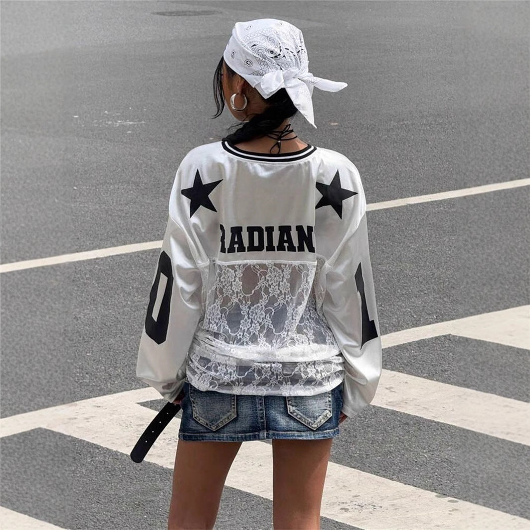 Dames Sport Top V-hals Jersey Met Kant en Sportief Print