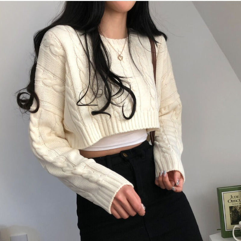 Dames Trui Cropped Kabelpatroon Ronde Hals Trendy