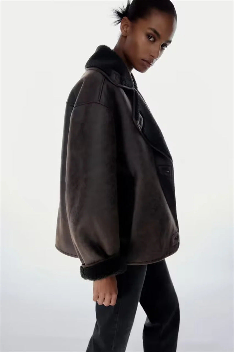 Dames Faux Leren Pilotenjas Oversized met Teddy Voering en Zakken