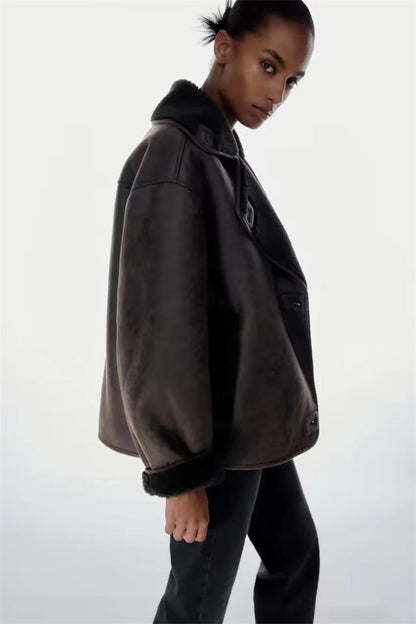 Dames Faux Leren Pilotenjas Oversized met Teddy Voering en Zakken