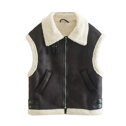 Dames Teddy Bodywarmer Zacht met Aviator Details