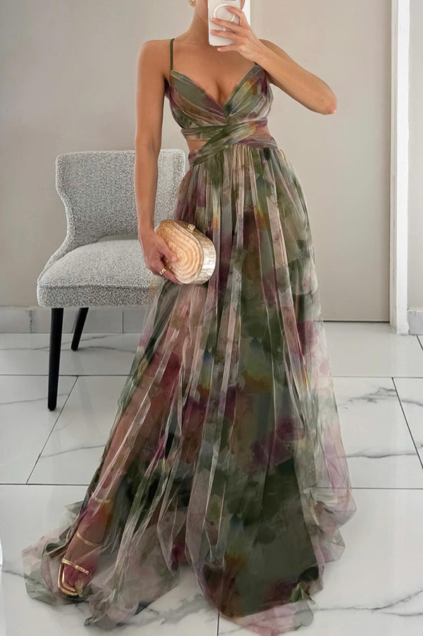 Zomerjurk Bloemenprint Maxi Jurk Diepe Halslijn Vrouwen