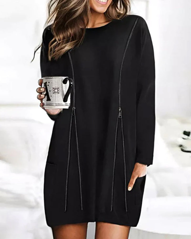 Effen Jurk met Rits voor Vrouw Zwart Elegante Stijl - Mode Vibes