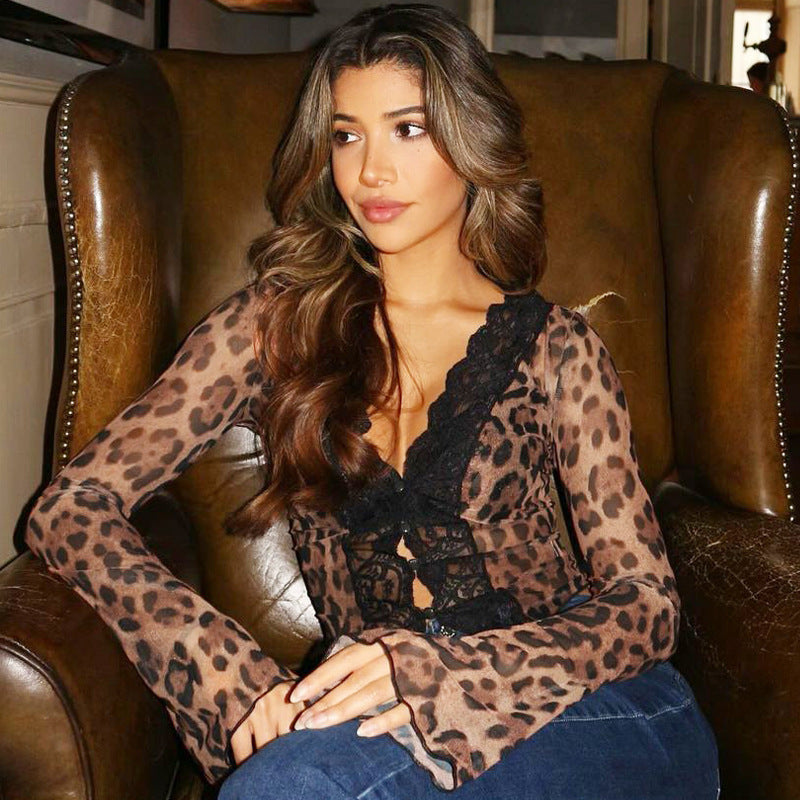 Dames Top met Mesh en Panterprint Kant - Mode Vibes