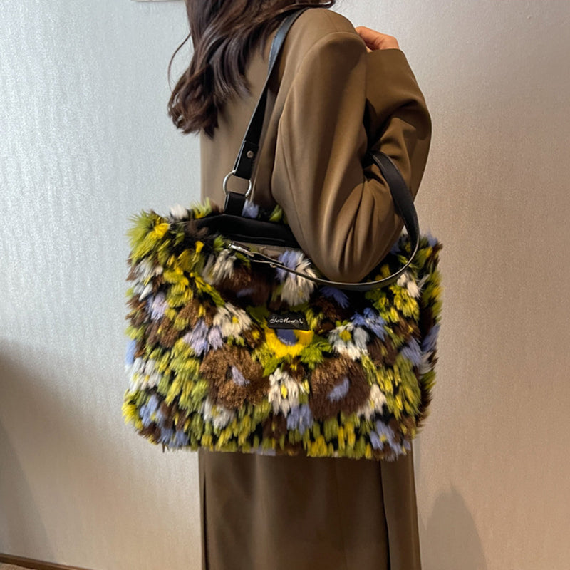 Dames Schoudertas Bloemenprint Zachte Pluche Tas - Mode Vibes