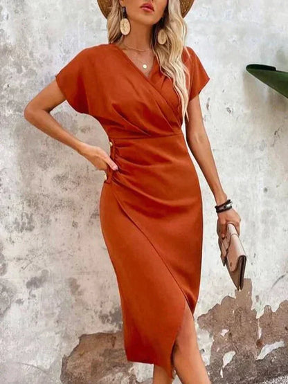 Oranje Midi-jurk V-hals Stijlvolle Jurk Ruby