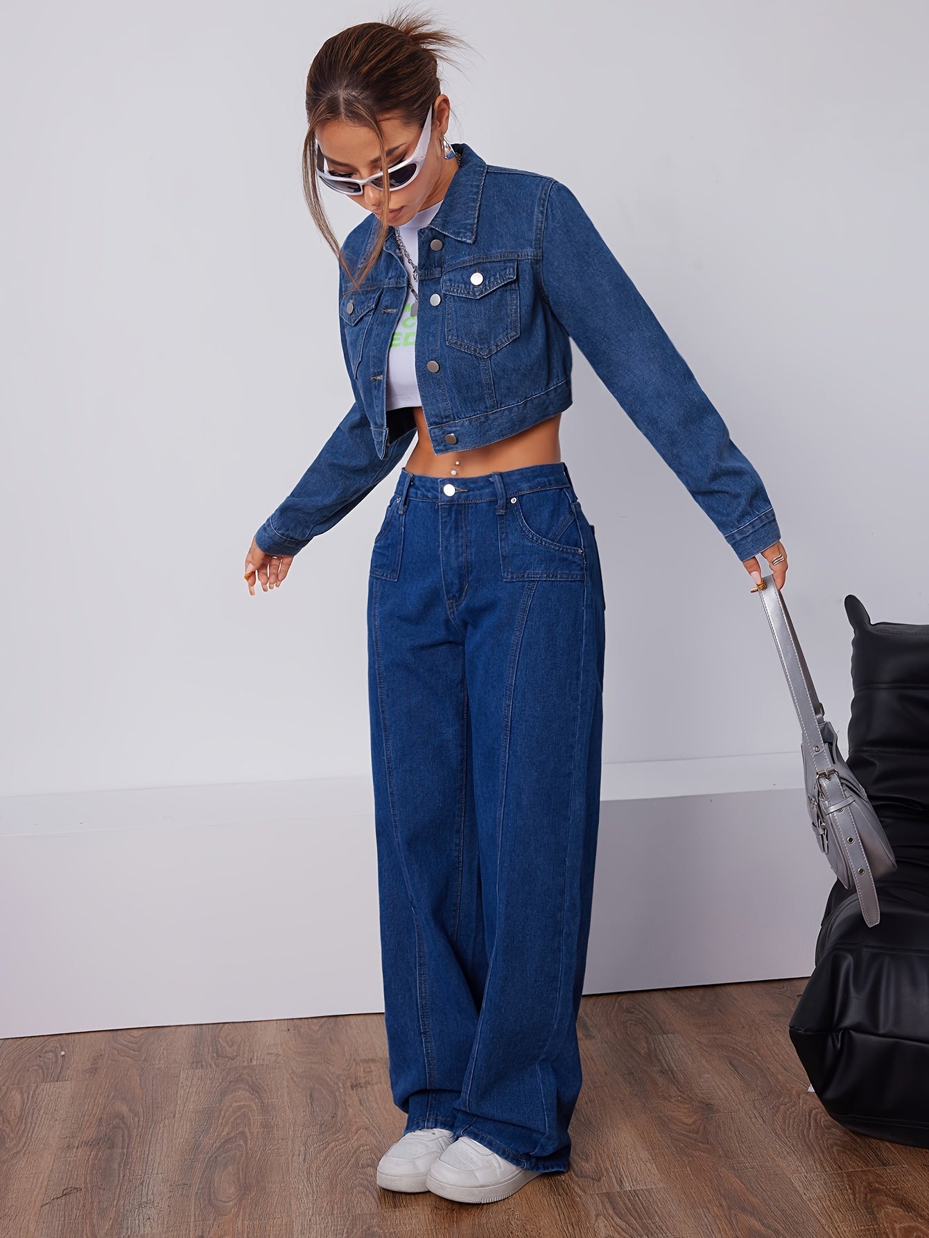 Klassiek Kort Lederen Spijkerjack Blauw Vintage Stijl