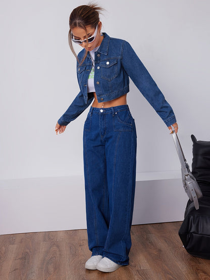 Klassiek Kort Lederen Spijkerjack Blauw Vintage Stijl