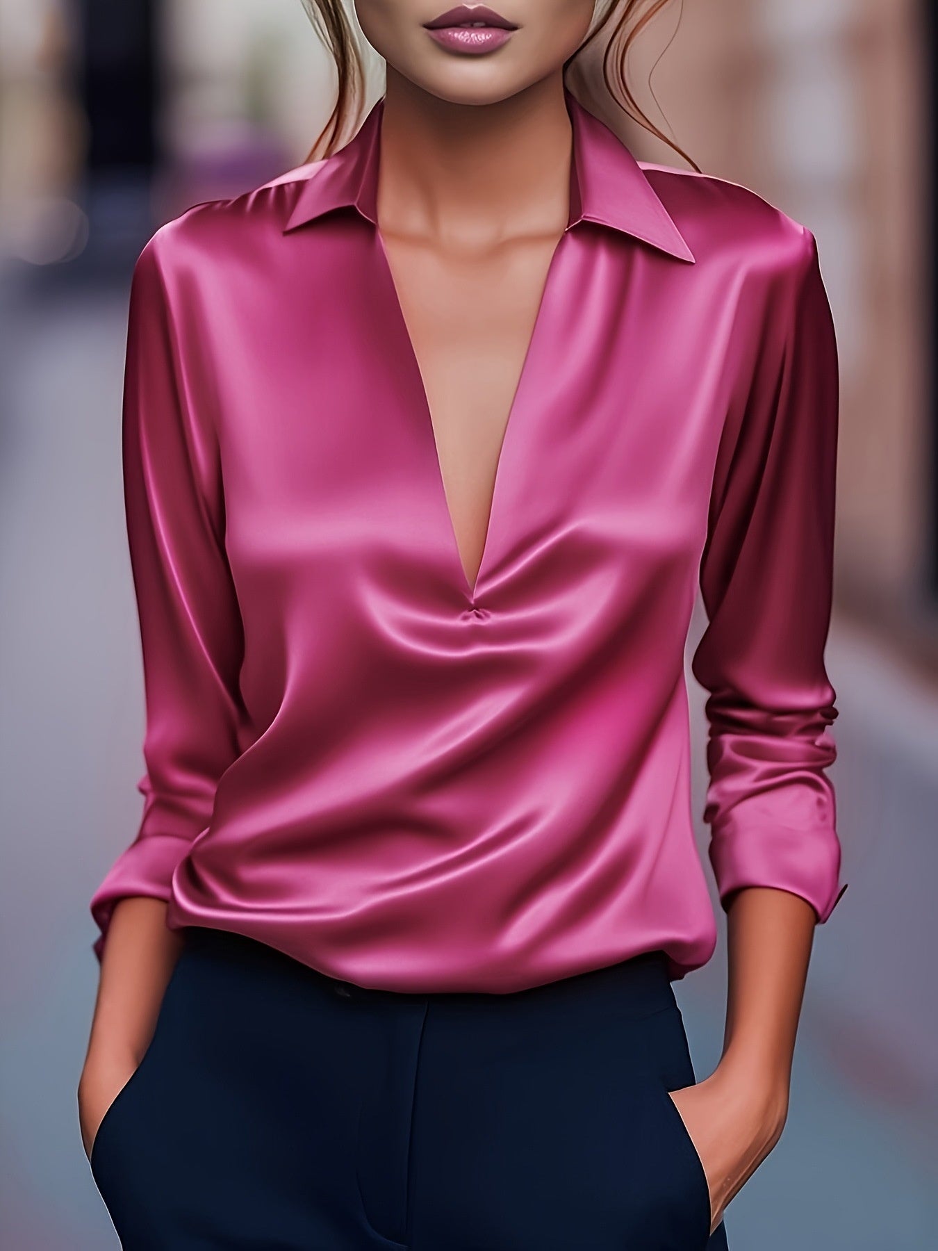 Dames Blouse Satijnen Look Havanna met V-hals Stijlvol